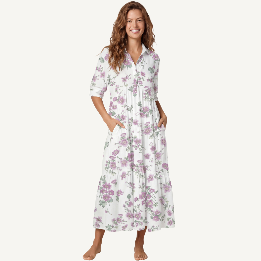  V Neck Collared Lavender Field Whisper Casual Long Shirt Dress