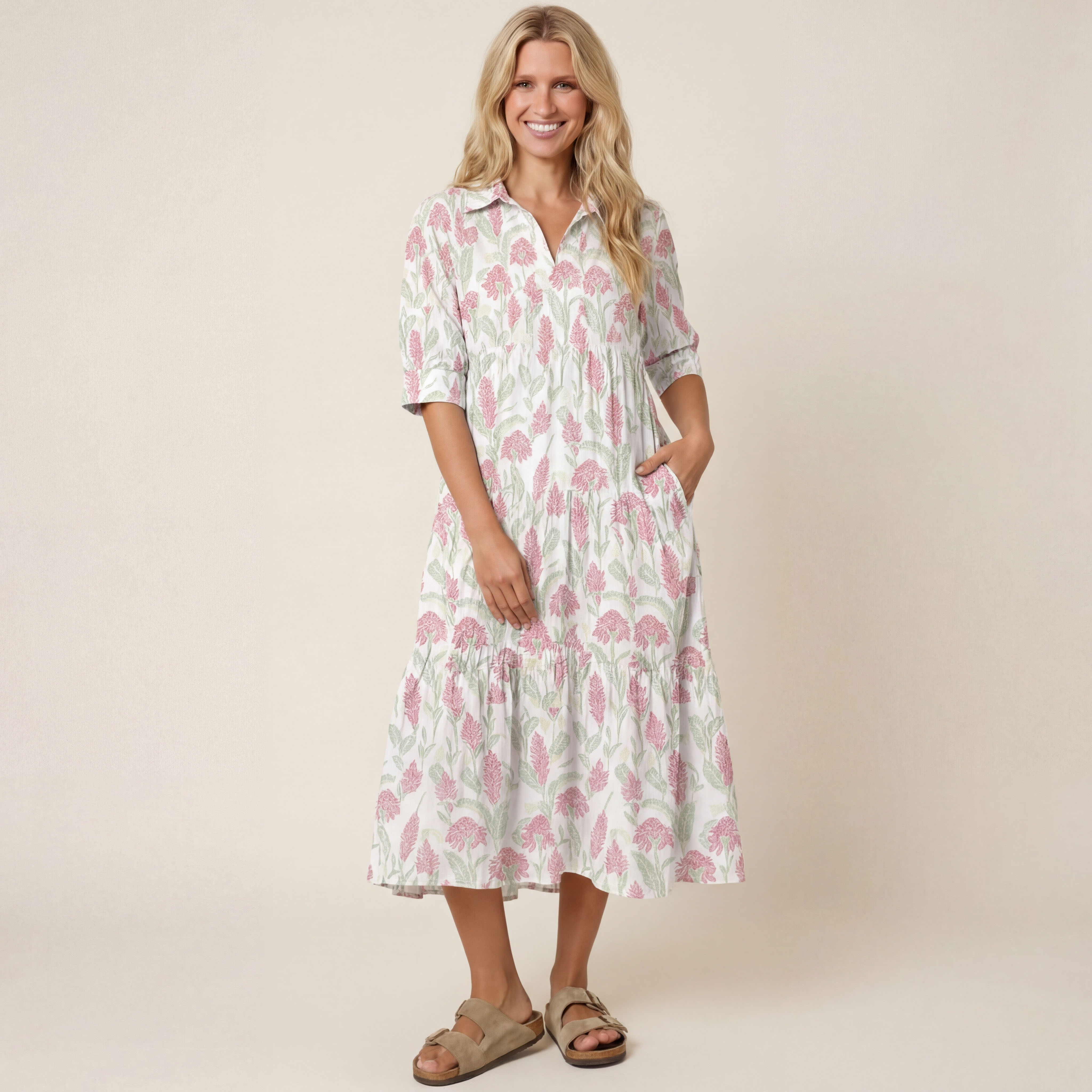  V Neck Collared Wild Feather Whisper Casual Long Shirt Dress