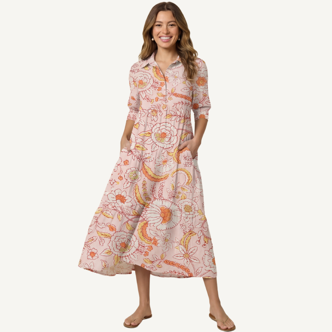  V Neck Collared Dusty Bloom Whisper Casual Long Shirt Dress