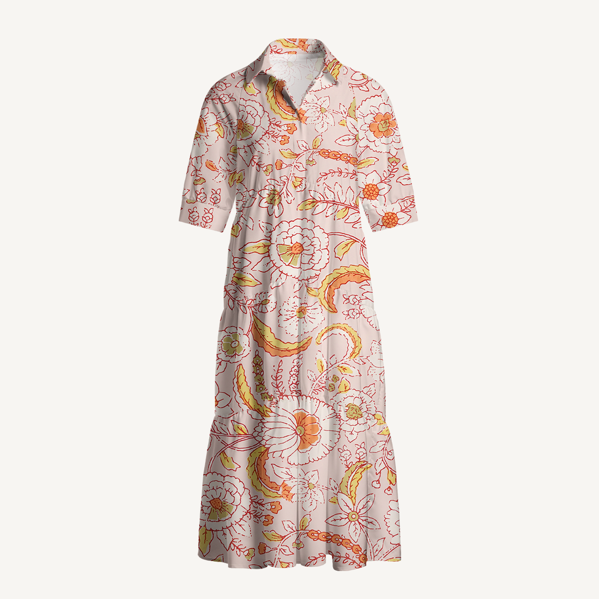  V Neck Collared Dusty Bloom Whisper Casual Long Shirt Dress