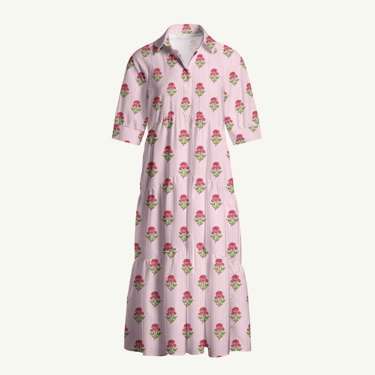  V Neck Collared Misty Rose Garden Casual Long Shirt Dress