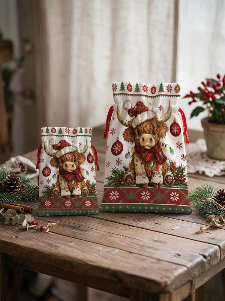 Highland Christmas Cow Reusable Drawstring Gift Bag