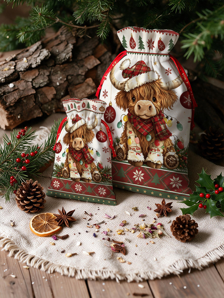 Highland Christmas Cow Reusable Drawstring Gift Bag