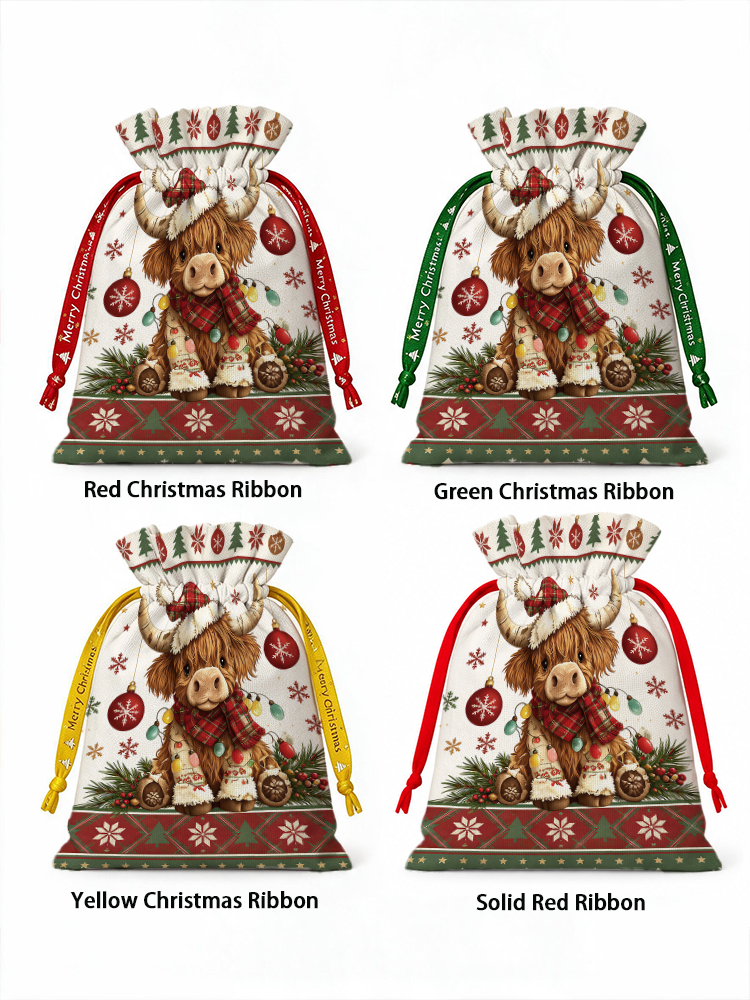 Highland Christmas Cow Reusable Drawstring Gift Bag