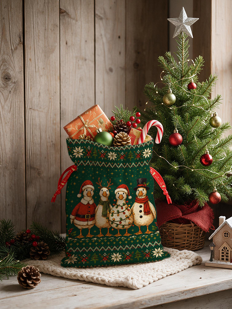 Cozy Country Christmas Ducks Reusable Christmas Drawstring Gift Bag