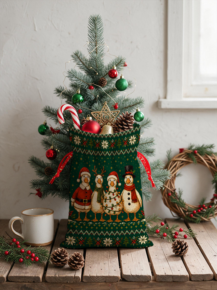 Cozy Country Christmas Ducks Reusable Christmas Drawstring Gift Bag