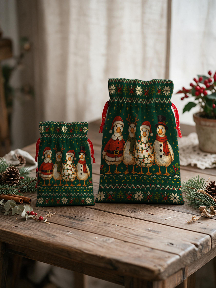 Cozy Country Christmas Ducks Reusable Christmas Drawstring Gift Bag