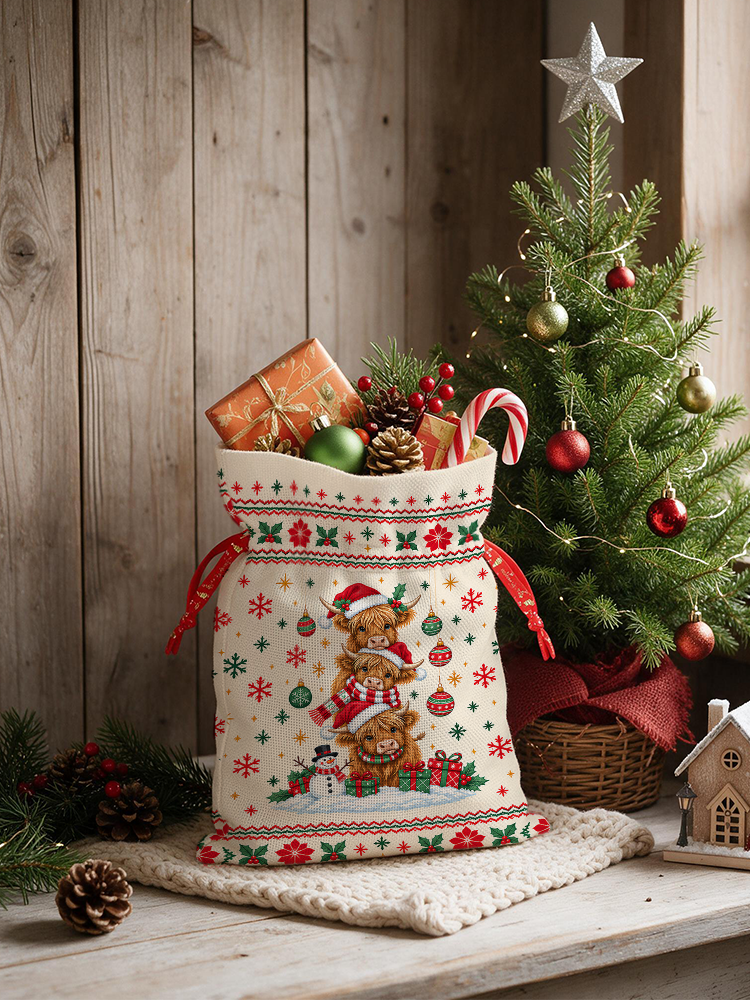 Stacked Highland Cow Christmas Reusable Drawstring Gift Bag