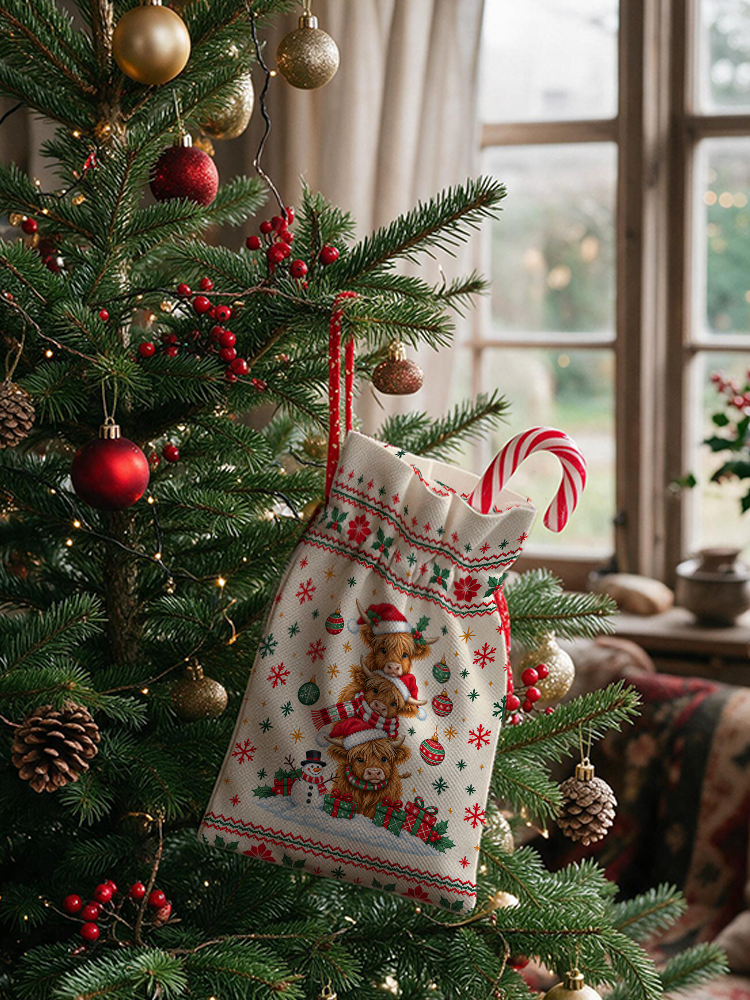 Stacked Highland Cow Christmas Reusable Drawstring Gift Bag