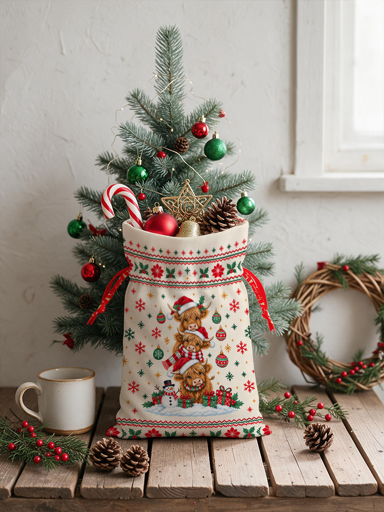 Stacked Highland Cow Christmas Reusable Drawstring Gift Bag