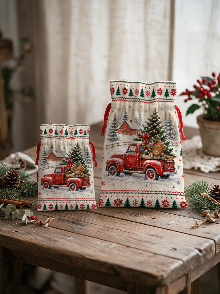 Cozy Christmas Farm Truck Cow Reusable Drawstring Gift Bag