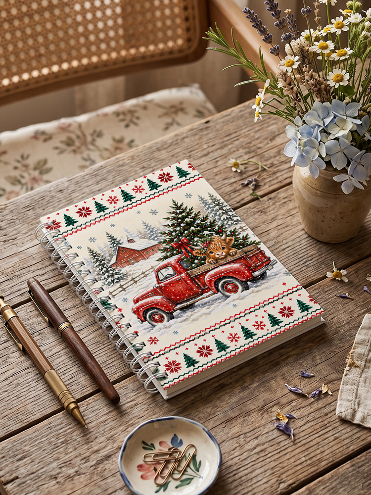 Cozy Christmas Farm Truck Cow Print A5 Spiral Notebook