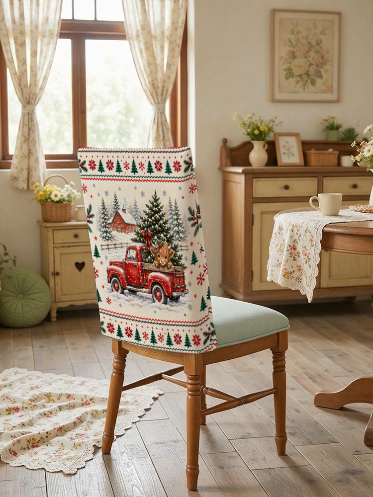 Cozy Christmas Farm Truck Cow Print Dining Chair Back Covers