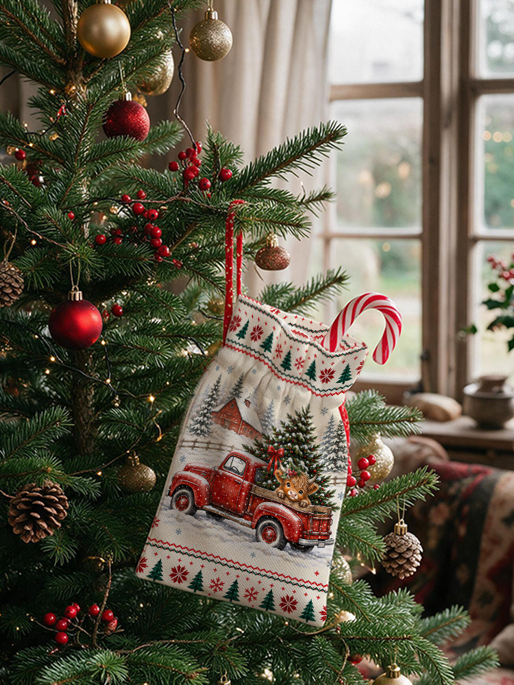 Cozy Christmas Farm Truck Cow Reusable Drawstring Gift Bag