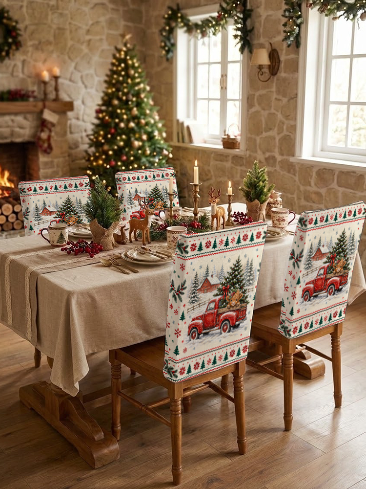 Cozy Christmas Farm Truck Cow Print Dining Chair Back Covers