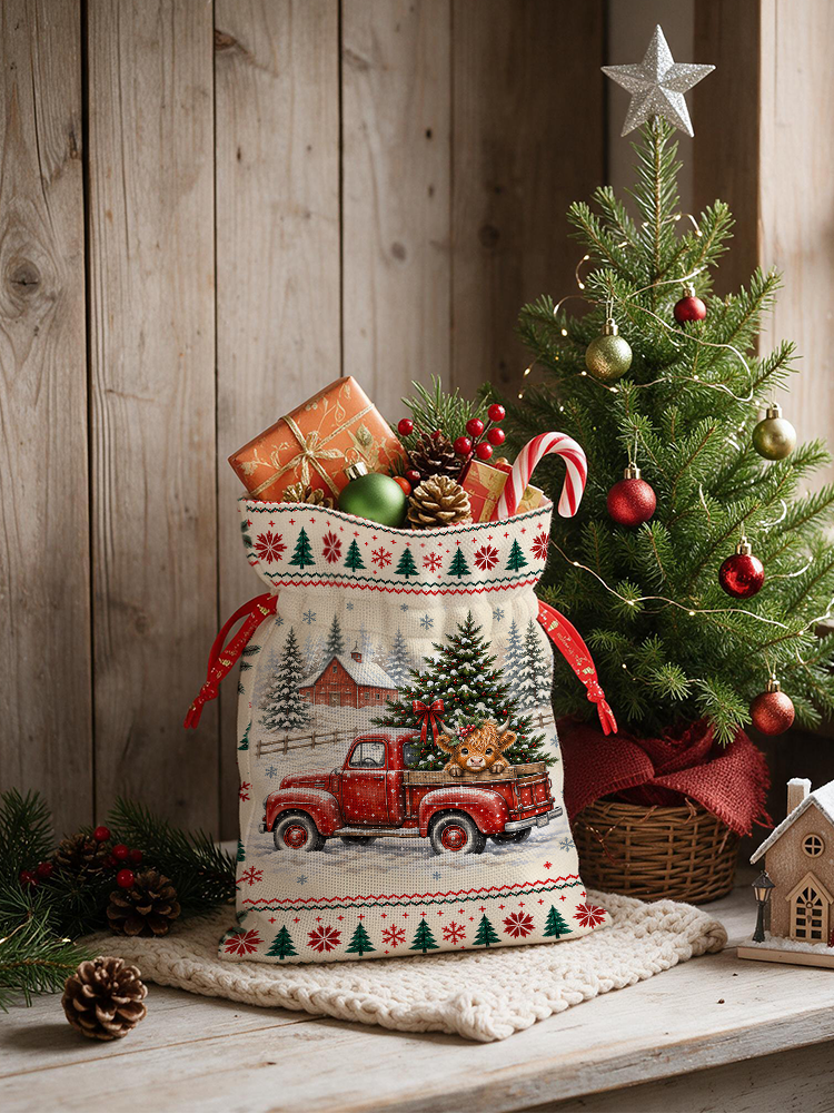 Cozy Christmas Farm Truck Cow Reusable Drawstring Gift Bag