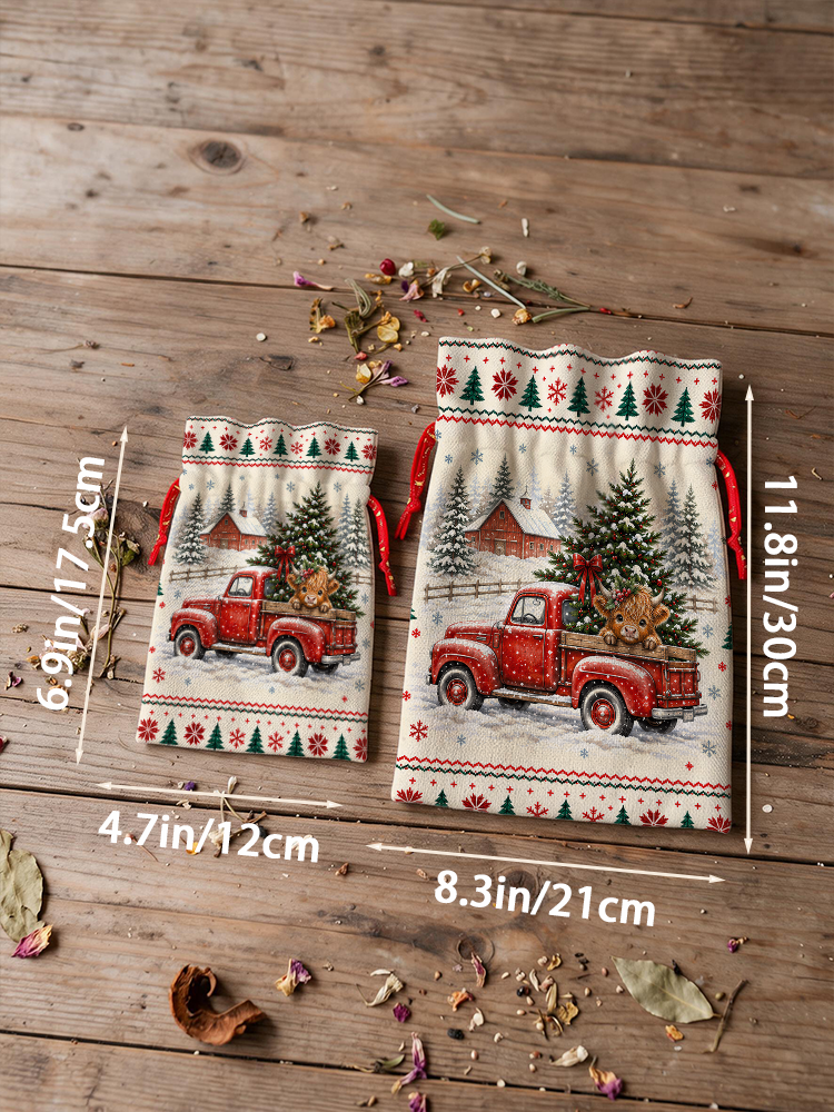 Cozy Christmas Farm Truck Cow Reusable Drawstring Gift Bag