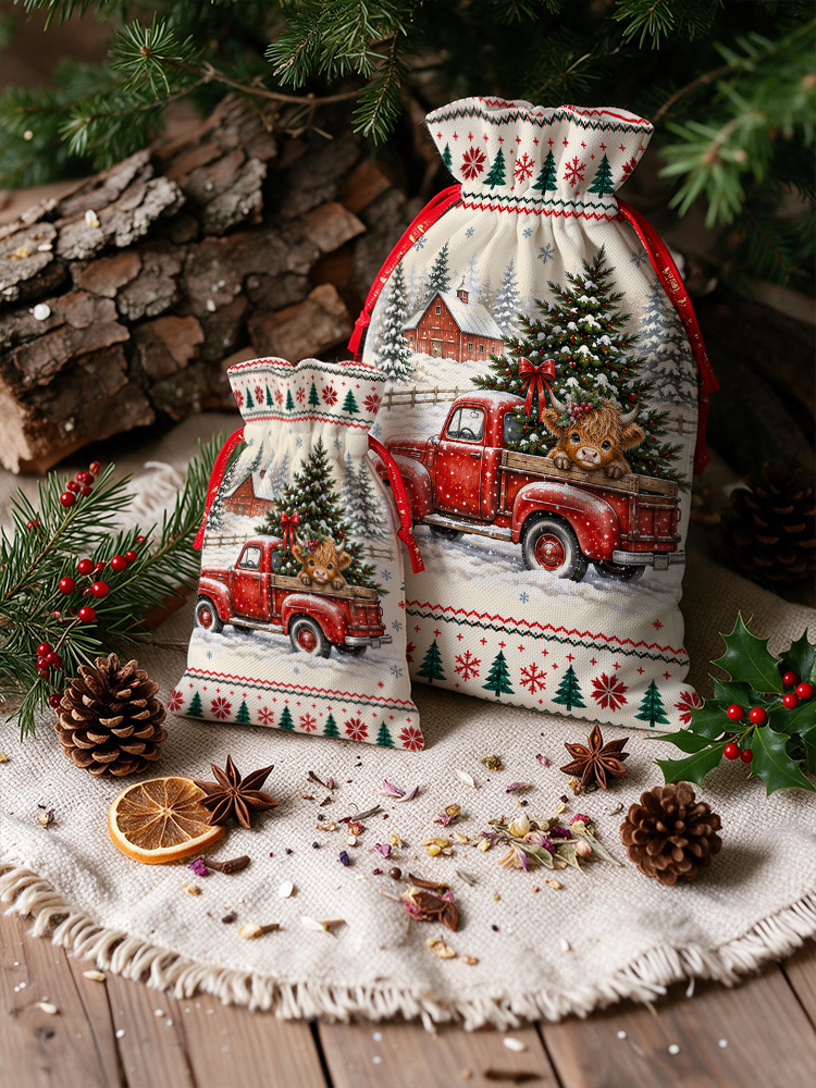 Cozy Christmas Farm Truck Cow Reusable Drawstring Gift Bag