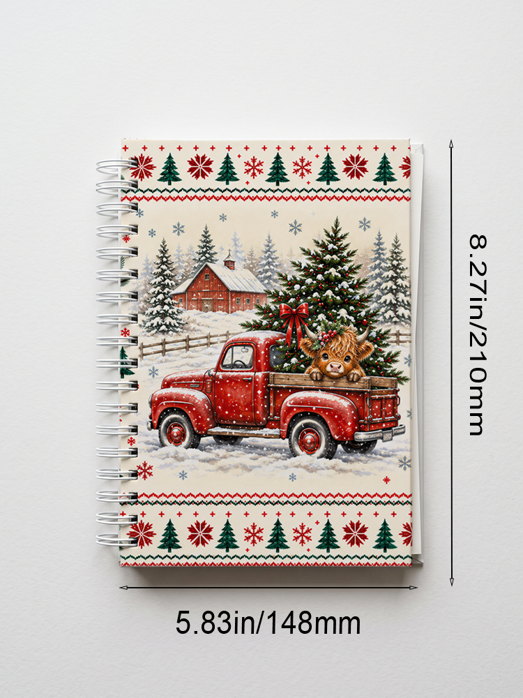 Cozy Christmas Farm Truck Cow Print A5 Spiral Notebook