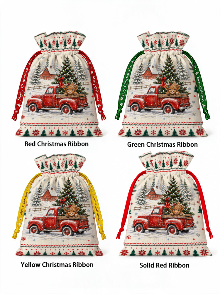 Cozy Christmas Farm Truck Cow Reusable Drawstring Gift Bag