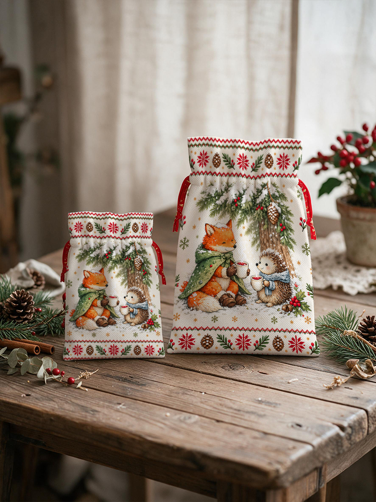 Cozy Winter Fox & Hedgehog Reusable Christmas Drawstring Gift Bag