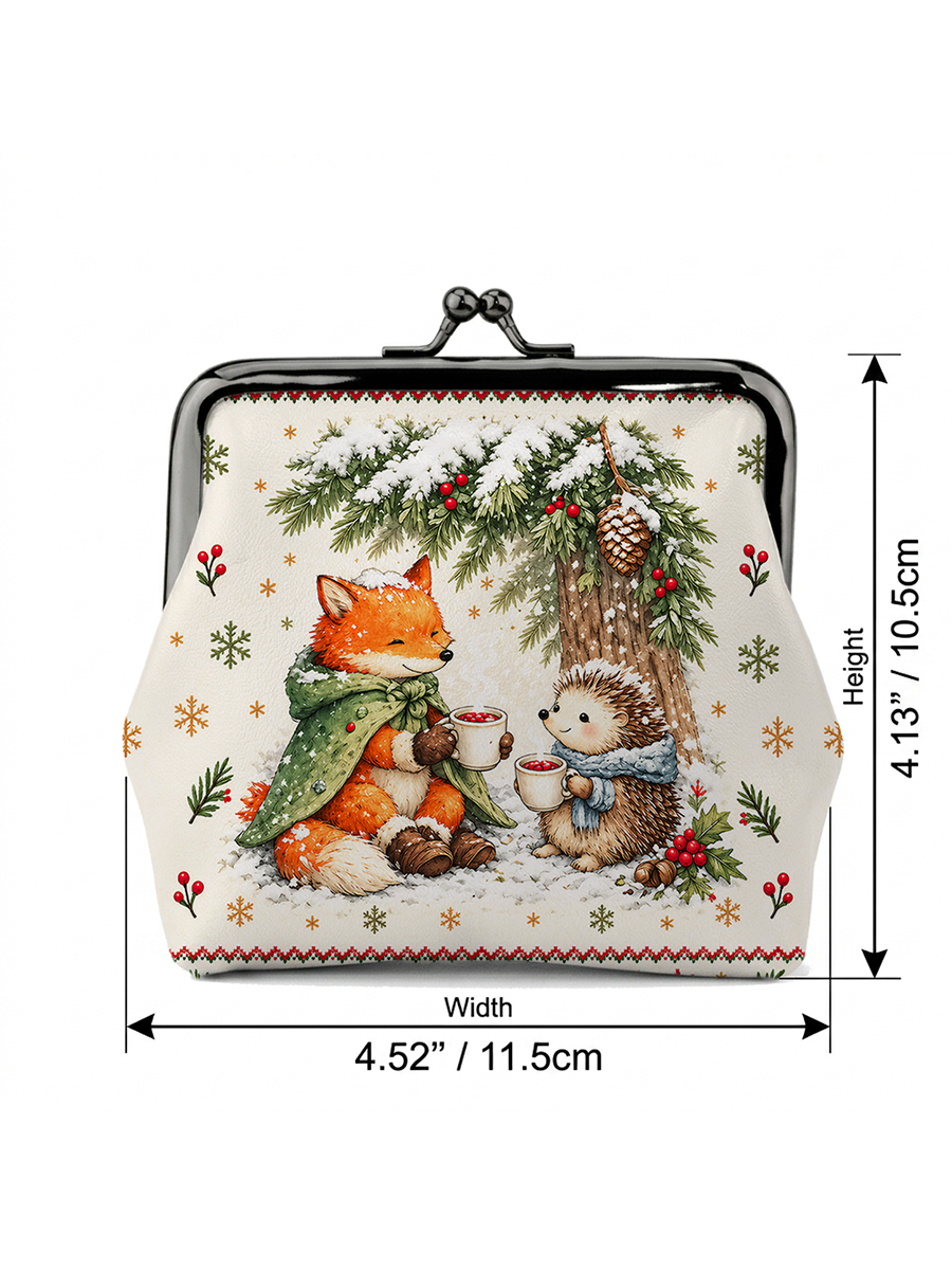 Cozy Winter Fox & Hedgehog Print Leather Mini Clasp Purse