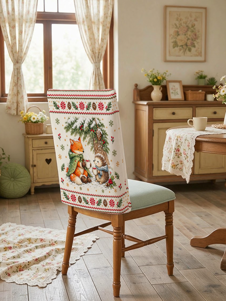 Cozy Winter Fox & Hedgehog Print Dining Chair Back Covers