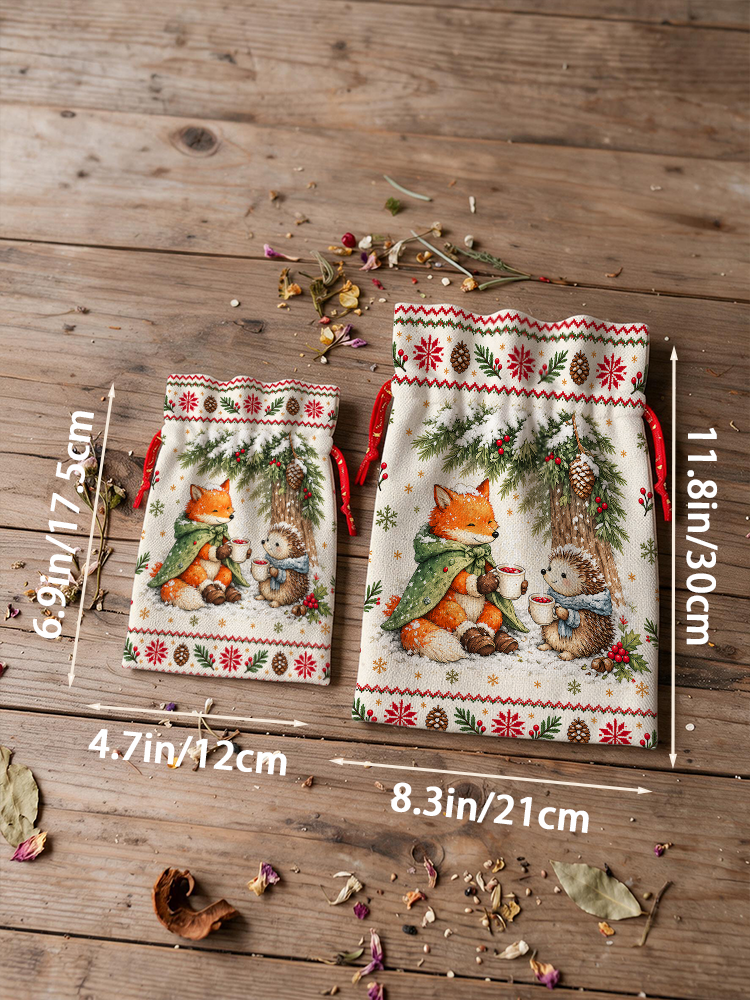 Cozy Winter Fox & Hedgehog Reusable Christmas Drawstring Gift Bag