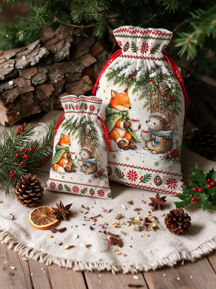 Cozy Winter Fox & Hedgehog Reusable Christmas Drawstring Gift Bag