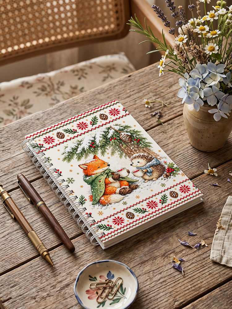 Cozy Winter Fox & Hedgehog Print A5 Spiral Notebook