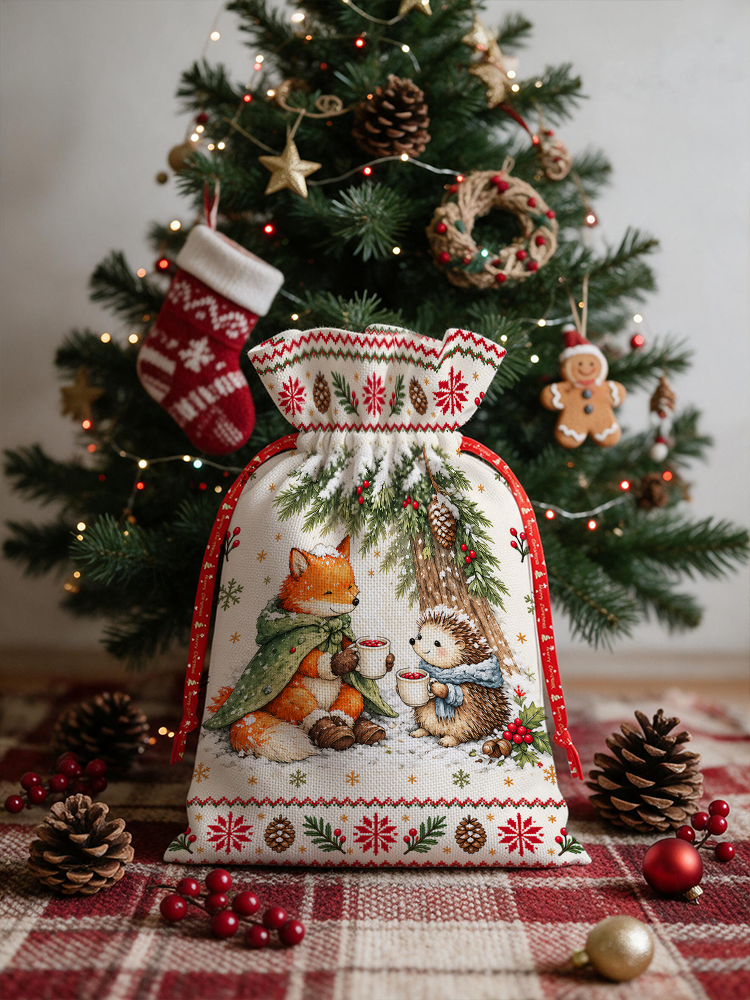 Cozy Winter Fox & Hedgehog Reusable Christmas Drawstring Gift Bag