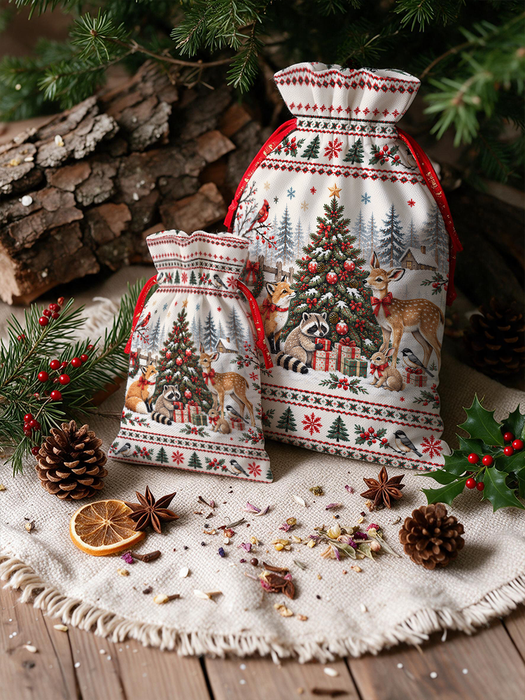 Cottagecore Christmas Woodland Animals Reusable Drawstring Gift Bag