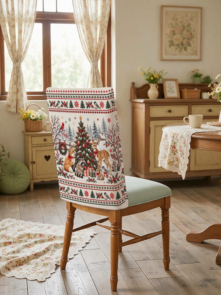 Cottagecore Christmas Woodland Animals Print Dining Chair Back Covers
