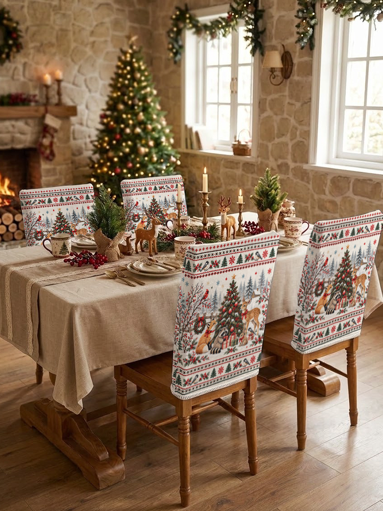 Cottagecore Christmas Woodland Animals Print Dining Chair Back Covers