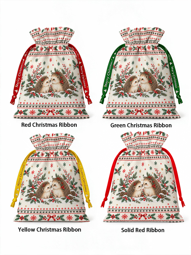 Cozy Christmas Hedgehogs Reusable Drawstring Gift Bag