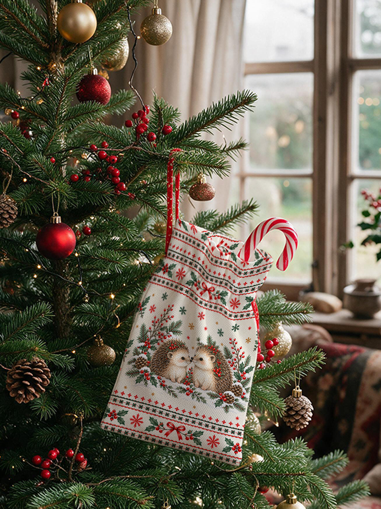 Cozy Christmas Hedgehogs Reusable Drawstring Gift Bag