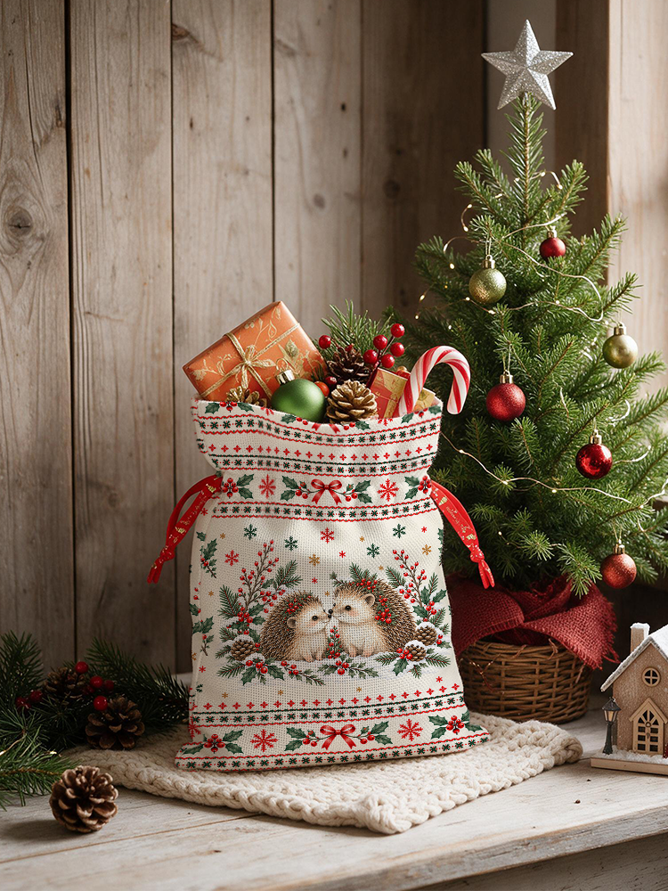Cozy Christmas Hedgehogs Reusable Drawstring Gift Bag