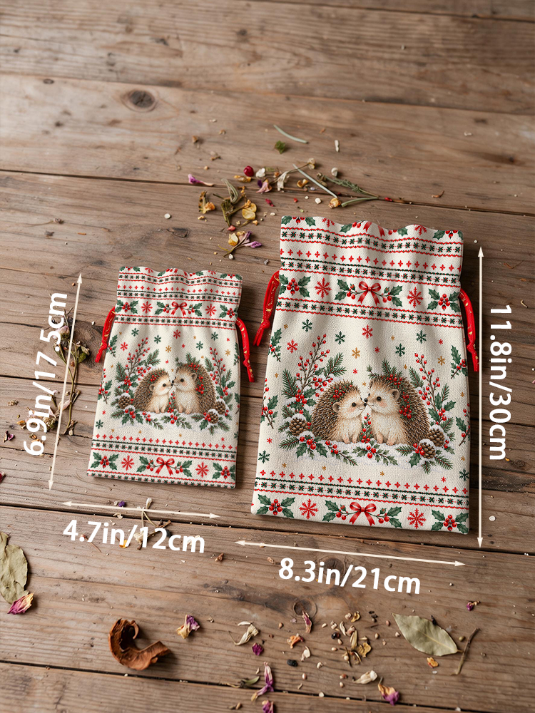 Cozy Christmas Hedgehogs Reusable Drawstring Gift Bag