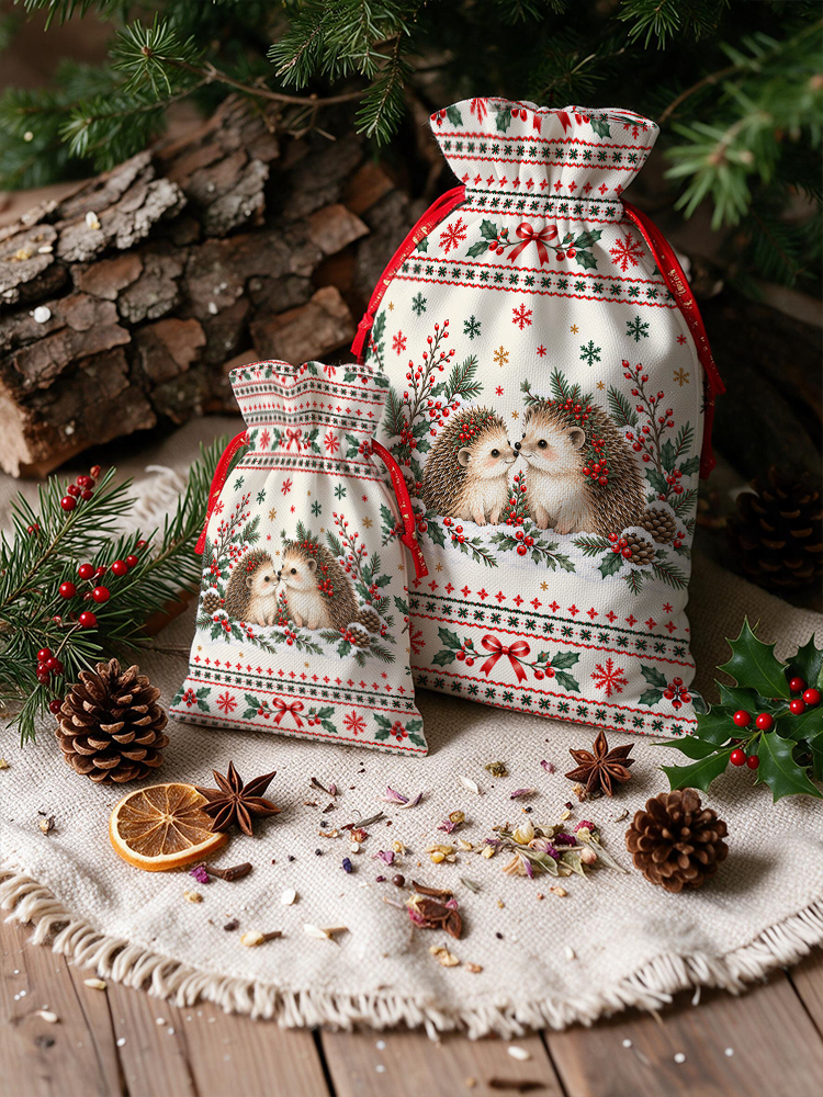 Cozy Christmas Hedgehogs Reusable Drawstring Gift Bag