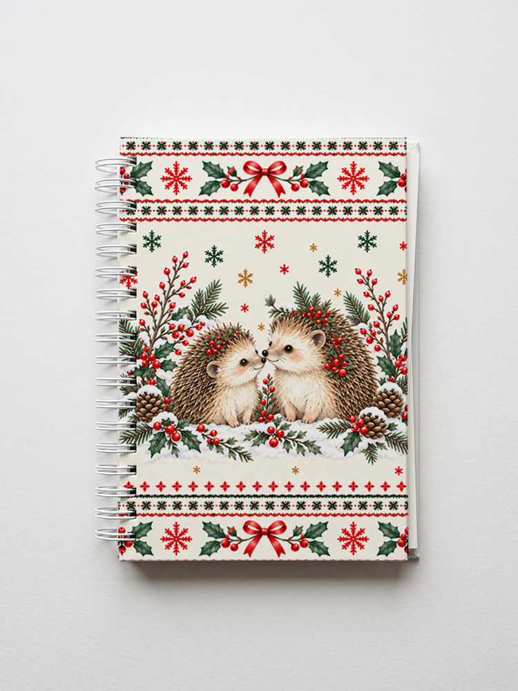 Cozy Christmas Hedgehogs Print A5 Spiral Notebook