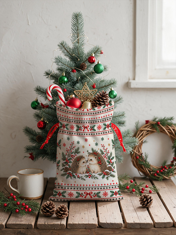Cozy Christmas Hedgehogs Reusable Drawstring Gift Bag