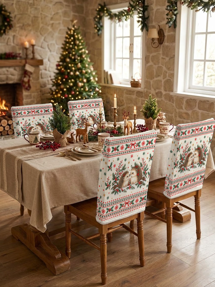 Cozy Christmas Hedgehogs Print Dining Chair Back Covers