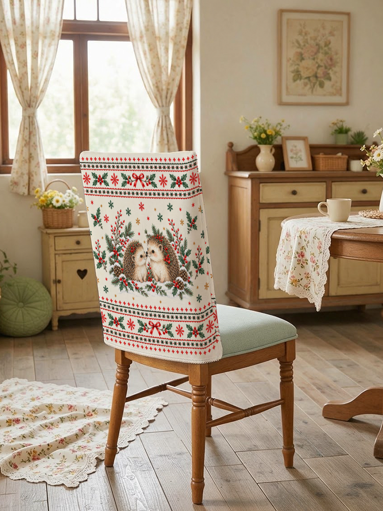 Cozy Christmas Hedgehogs Print Dining Chair Back Covers