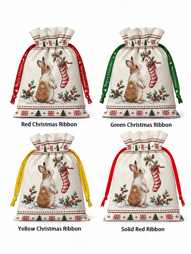 Cozy Christmas Bunny Reusable Drawstring Gift Bag