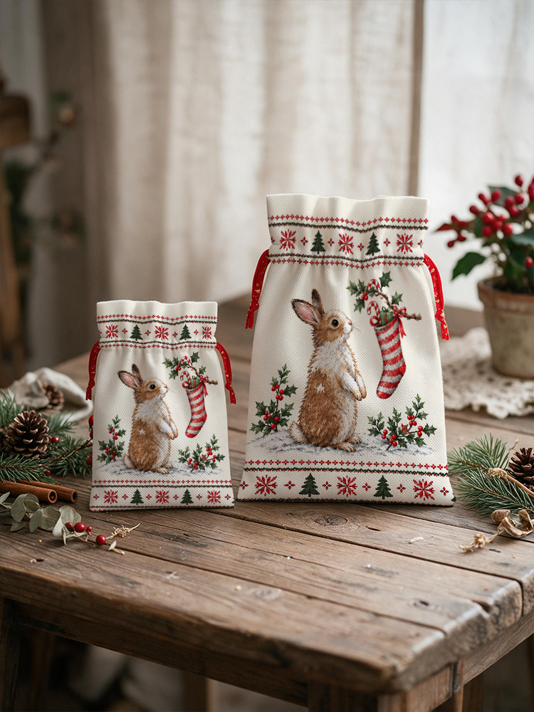 Cozy Christmas Bunny Reusable Drawstring Gift Bag