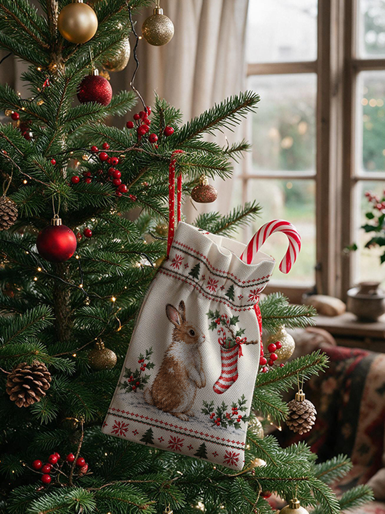 Cozy Christmas Bunny Reusable Drawstring Gift Bag