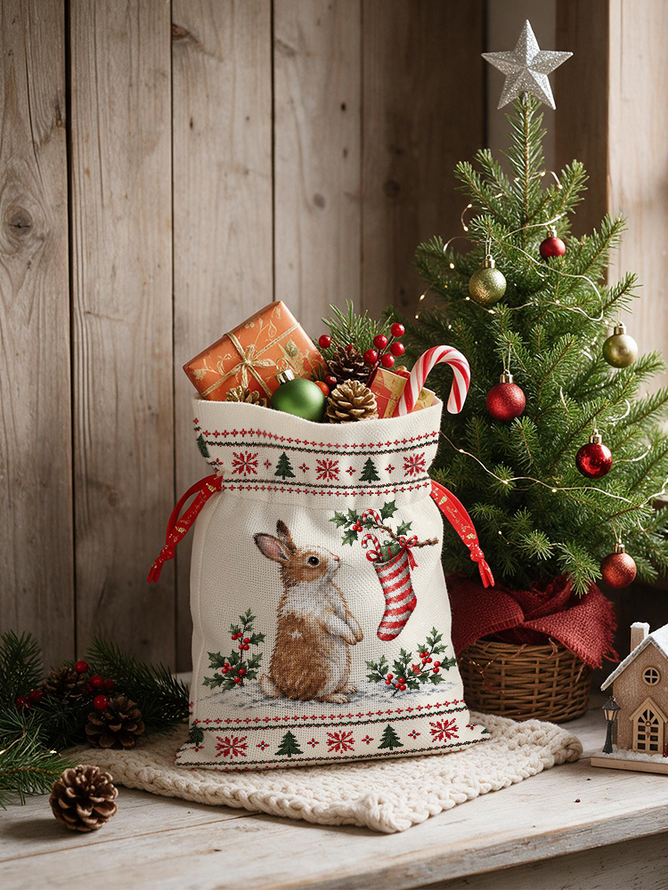 Cozy Christmas Bunny Reusable Drawstring Gift Bag