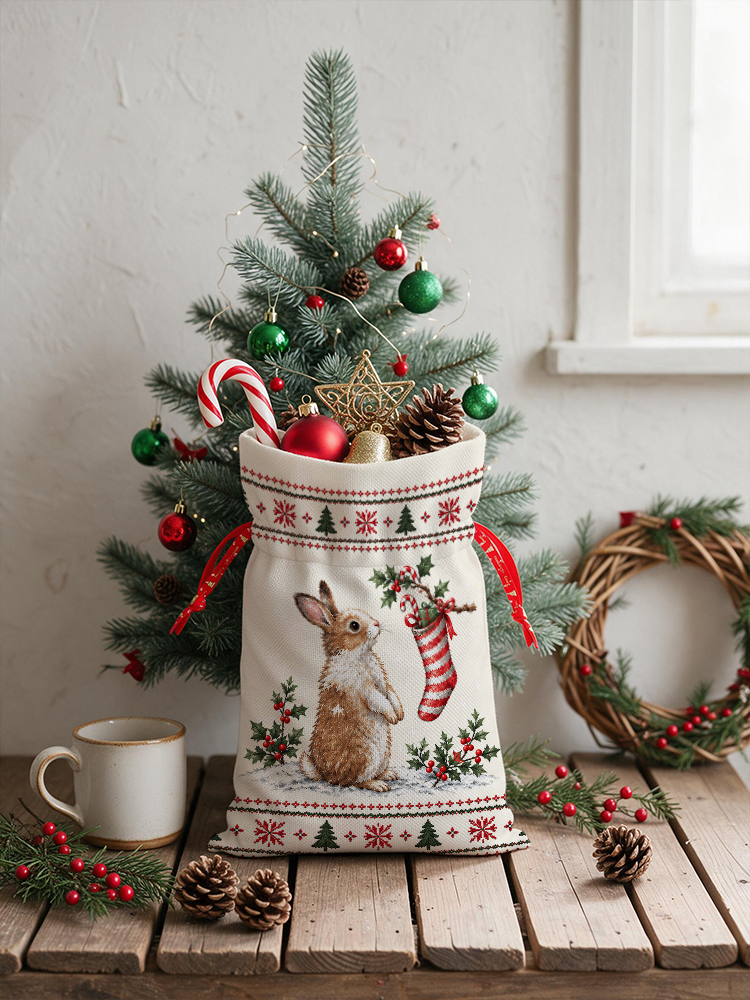 Cozy Christmas Bunny Reusable Drawstring Gift Bag