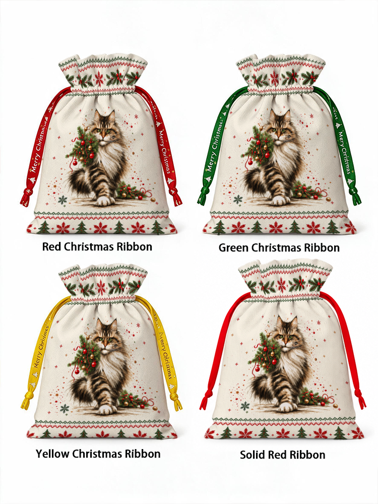 Charming Christmas Cat Reusable Drawstring Gift Bag