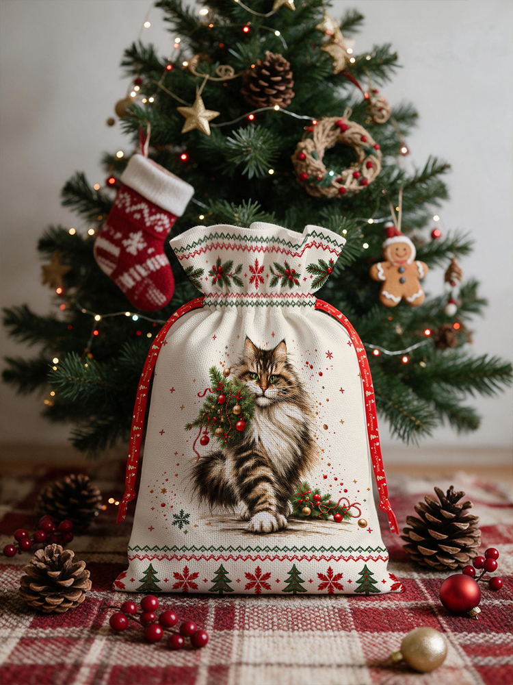 Charming Christmas Cat Reusable Drawstring Gift Bag